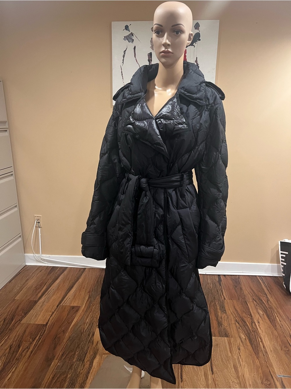 Long Black Quilted Belted Puffer Coat